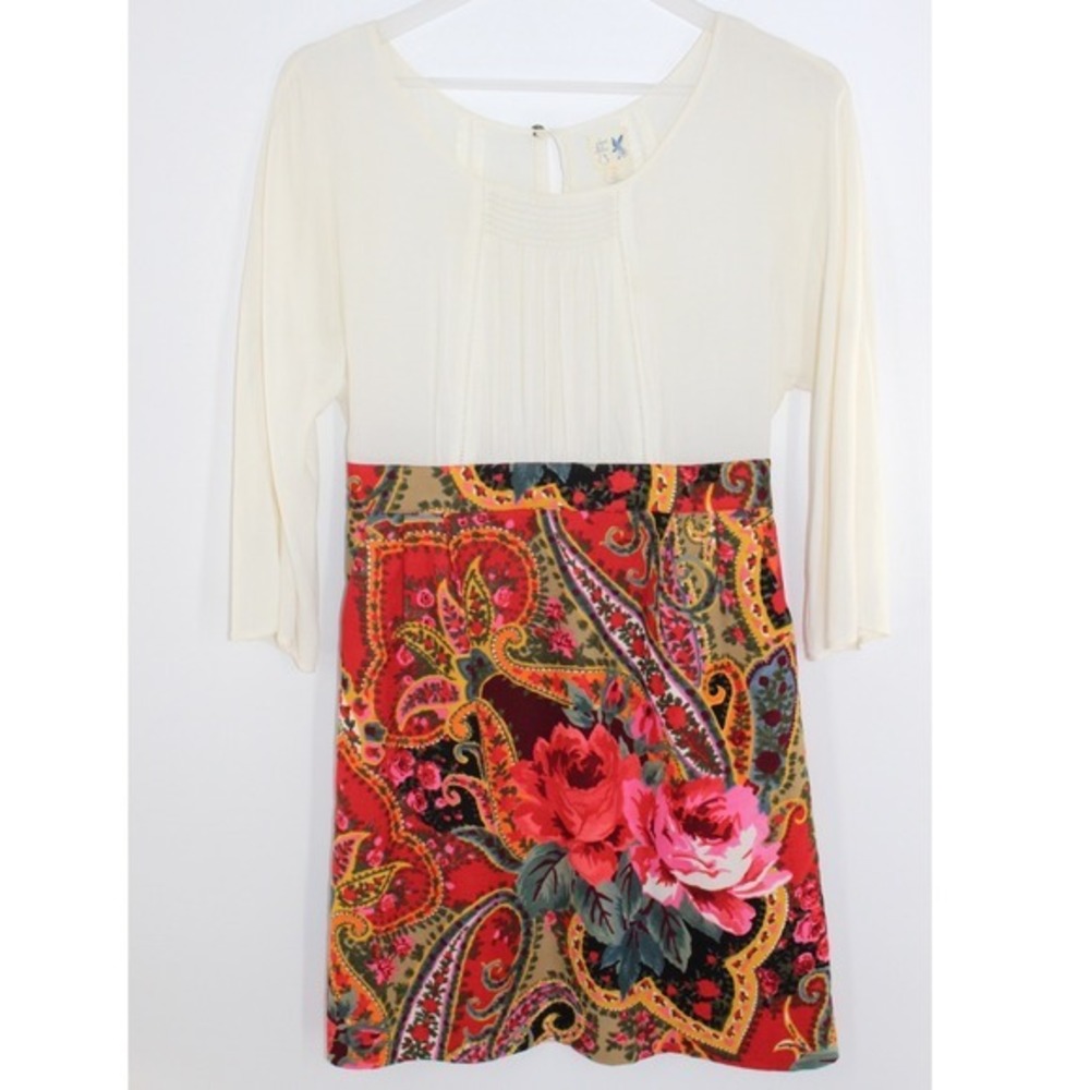 Edme & Esyllte Anthropologie Paisley Floral Pleated‎ Mini Dress Size 2 Cream Red